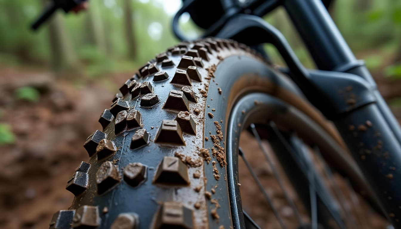découvrez comment l’espacement des crampons latéraux aide le pneu de vtt à conserver son adhérence sur les terrains gras et boueux.